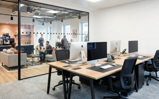 A modern, fully furnished workspace highlighting the plug and play benefits of a serviced office.