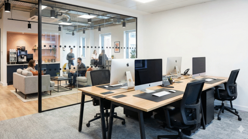 A modern, fully furnished workspace highlighting the plug and play benefits of a serviced office.